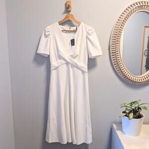TOMMY HILFIGER Women's Crisscross Fit&Flare Dress White Crepe Puff Sleeve 2 NWT